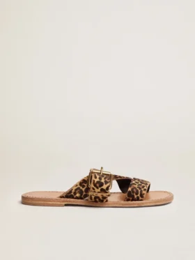Women's Margaret flat sandals in leopard-print pony skin