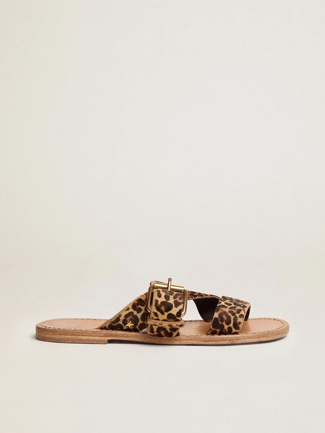 Women's Margaret flat sandals in leopard-print pony skin