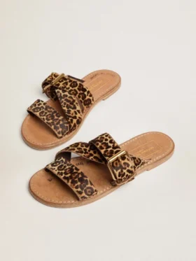 Women’s Margaret flat sandals in leopard-print pony skin
