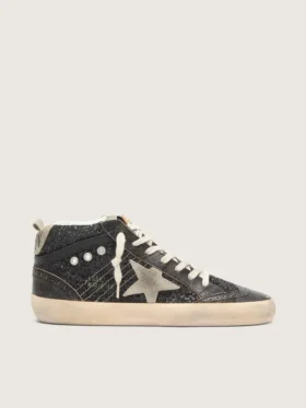 Women’s Mid Star in black glitter with dove-gray suede star and heel tab