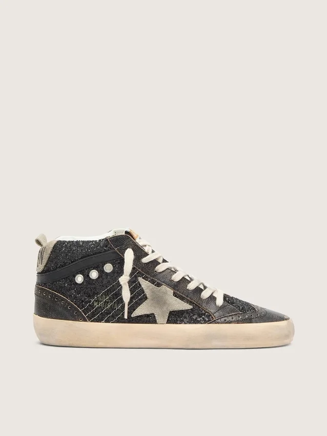 Women’s Mid Star in black glitter with dove-gray suede star and heel tab