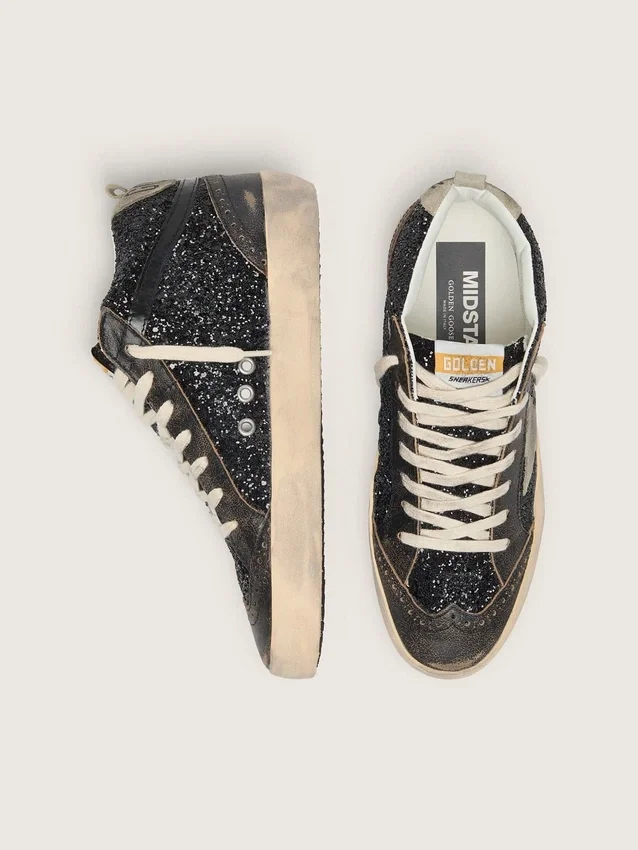 Women’s Mid Star in black glitter with dove-gray suede star and heel tab