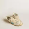 Women's Mid Star in leather with light blue star and fuchsia suede flash with platinum studs
