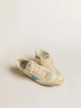 Women’s Mid Star in leather with light blue star and fuchsia suede flash with platinum studs