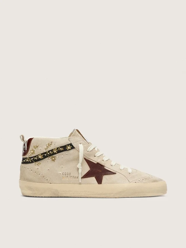 Women’s Mid Star in pearl suede with burgundy leather star and pearl and embroidery inserts