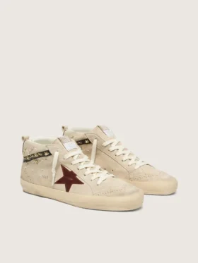 Women’s Mid Star in pearl suede with burgundy leather star and pearl and embroidery inserts