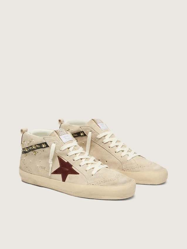 Women’s Mid Star in pearl suede with burgundy leather star and pearl and embroidery inserts