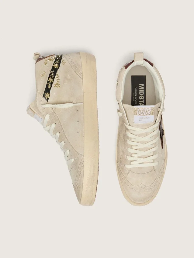 Women’s Mid Star in pearl suede with burgundy leather star and pearl and embroidery inserts