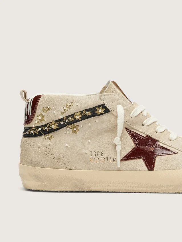 Women’s Mid Star in pearl suede with burgundy leather star and pearl and embroidery inserts