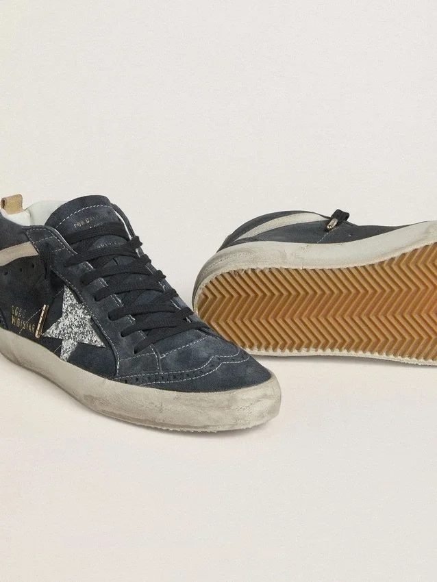 Women's Mid Star in petrol-blue suede with silver glitter star and cotton flash