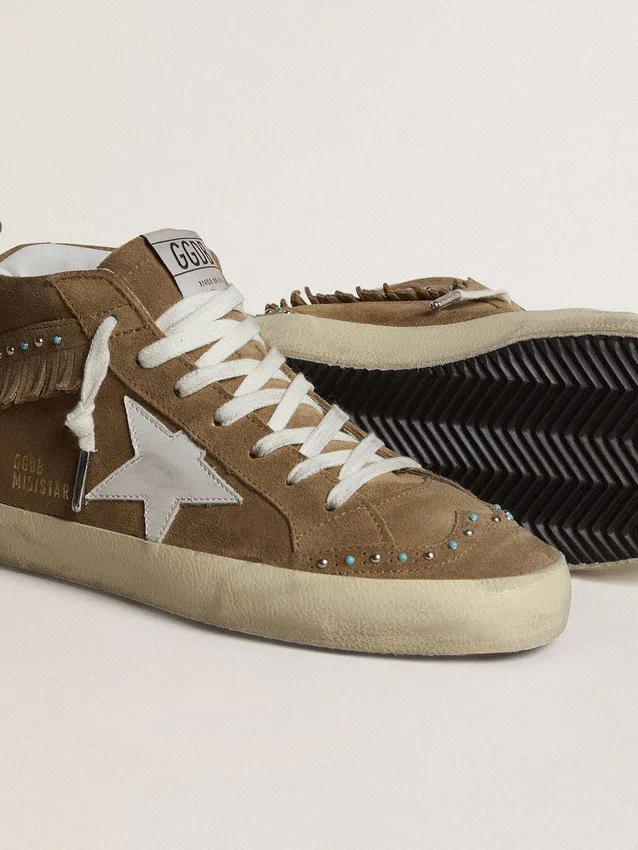 Women's Mid Star in tobacco suede with fringing and studs