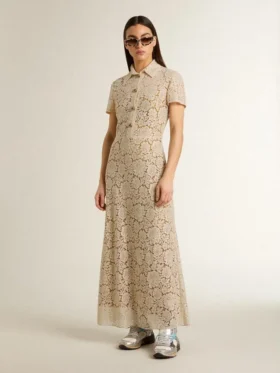Women’s midi dress in cream-colored see-through lace