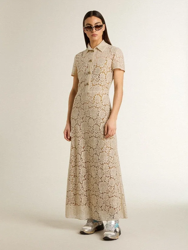 Women's midi dress in cream-colored see-through lace