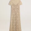 Women's midi dress in cream-colored see-through lace