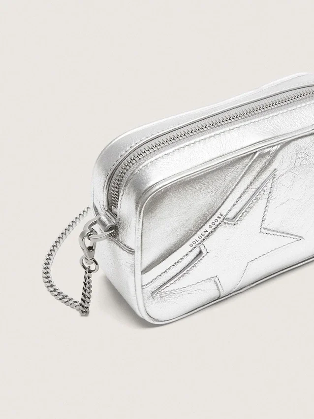 Women's Mini Star Bag in silver laminated leather with tone-on-tone star