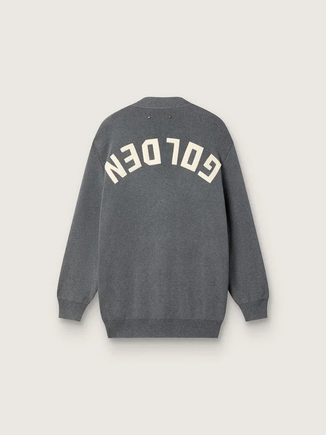 Women's mélange gray cotton cardigan with logo on the back