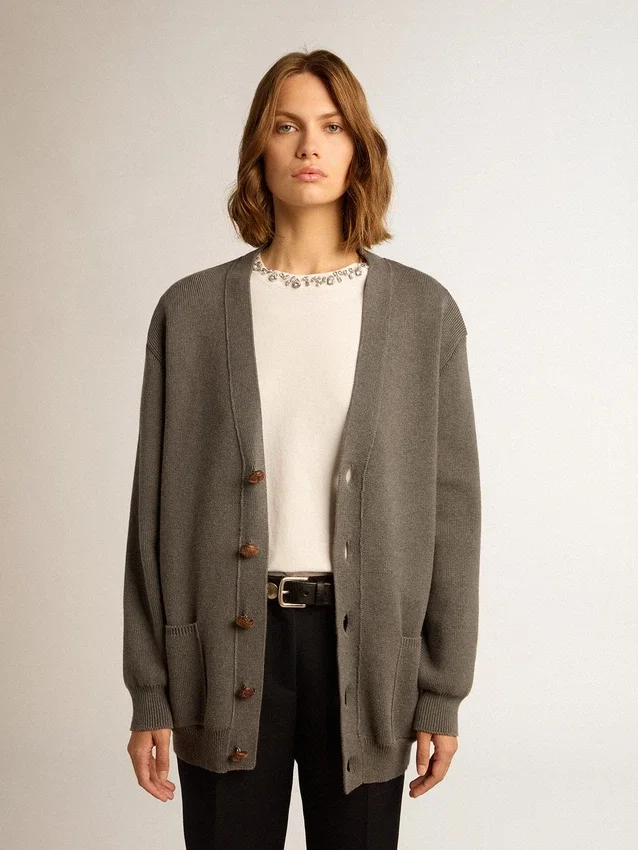 Women's mélange gray cotton cardigan with logo on the back