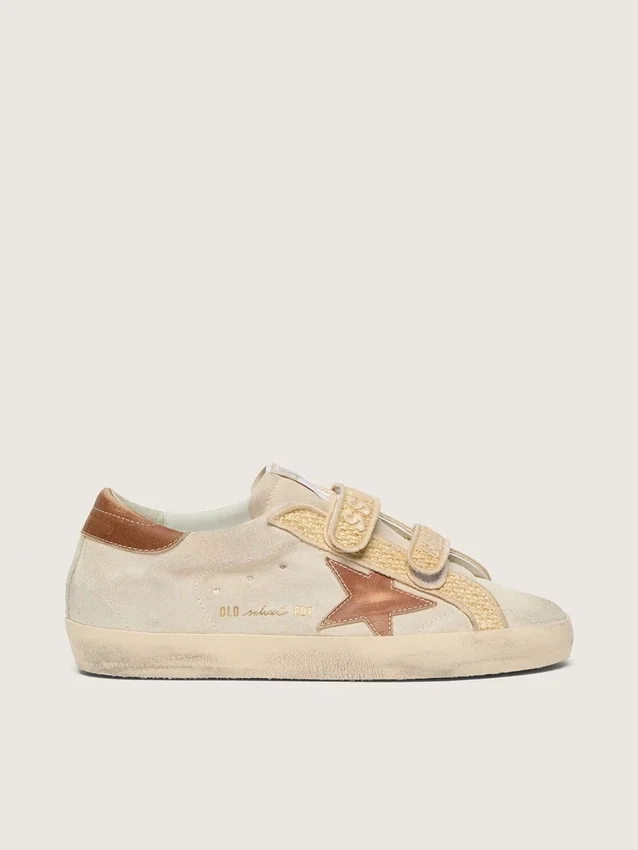 Women’s Old School in pearl suede with brick-red leather star and raffia strap