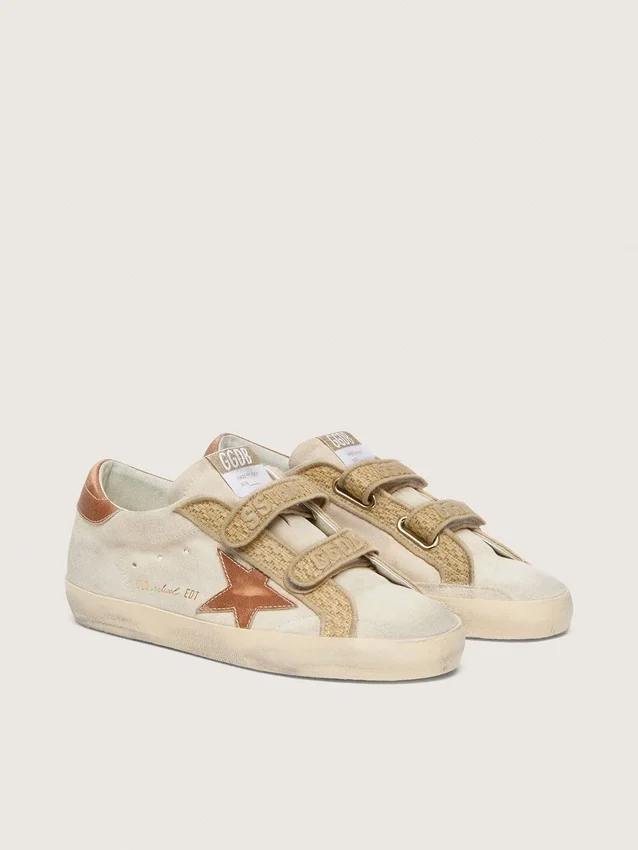 Women’s Old School in pearl suede with brick-red leather star and raffia strap