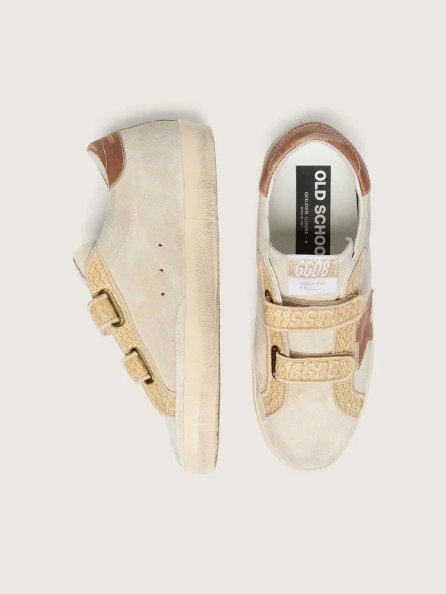 Women’s Old School in pearl suede with brick-red leather star and raffia strap