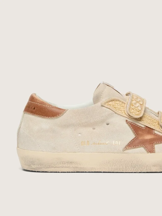 Women’s Old School in pearl suede with brick-red leather star and raffia strap