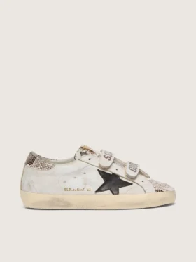 Women’s Old School in white leather with black leather star and snake-print inserts