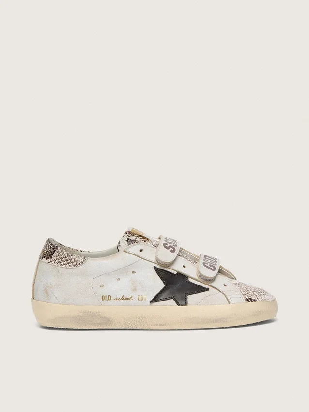 Women’s Old School in white leather with black leather star and snake-print inserts