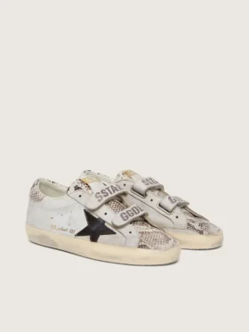 Women’s Old School in white leather with black leather star and snake-print inserts