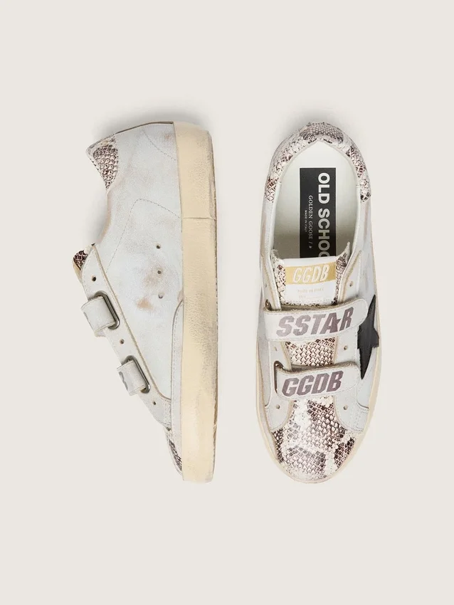 Women’s Old School in white leather with black leather star and snake-print inserts