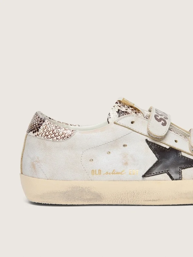 Women’s Old School in white leather with black leather star and snake-print inserts