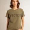 Women's olive green T-shirt with Golden lettering