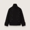 Women’s oversized jacket in black cotton twill with floral sequin embroidery