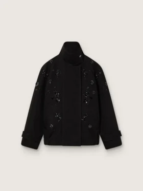 Women’s oversized jacket in black cotton twill with floral sequin embroidery