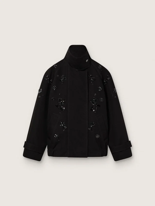Women’s oversized jacket in black cotton twill with floral sequin embroidery