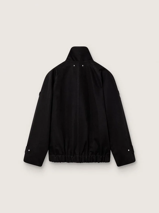 Women’s oversized jacket in black cotton twill with floral sequin embroidery