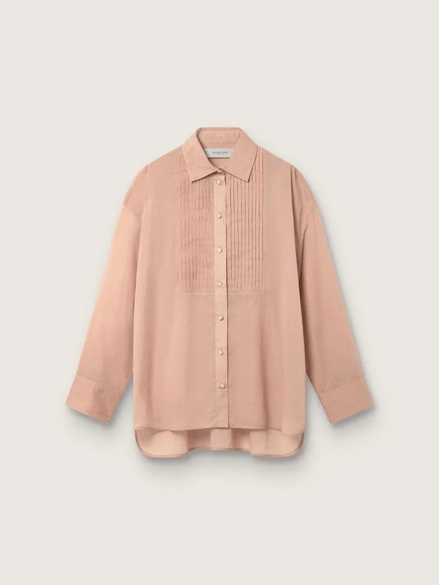 Women’s oversized shirt in coral cotton voile with pleated detail
