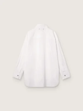 Women’s oversized shirt in white cotton with pleated detail and jewel buttons