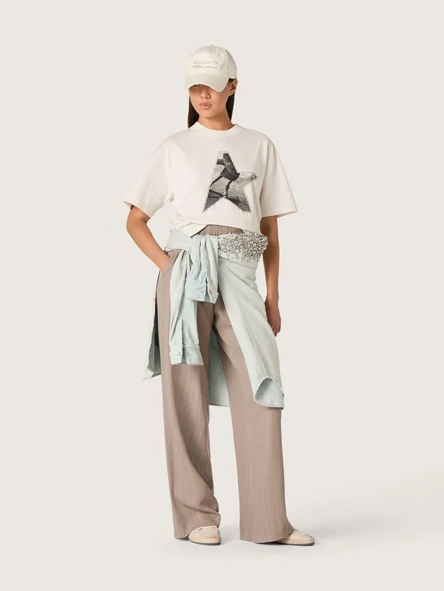 Women's pants in gray wool blend with pinstripe motif and elasticated waist