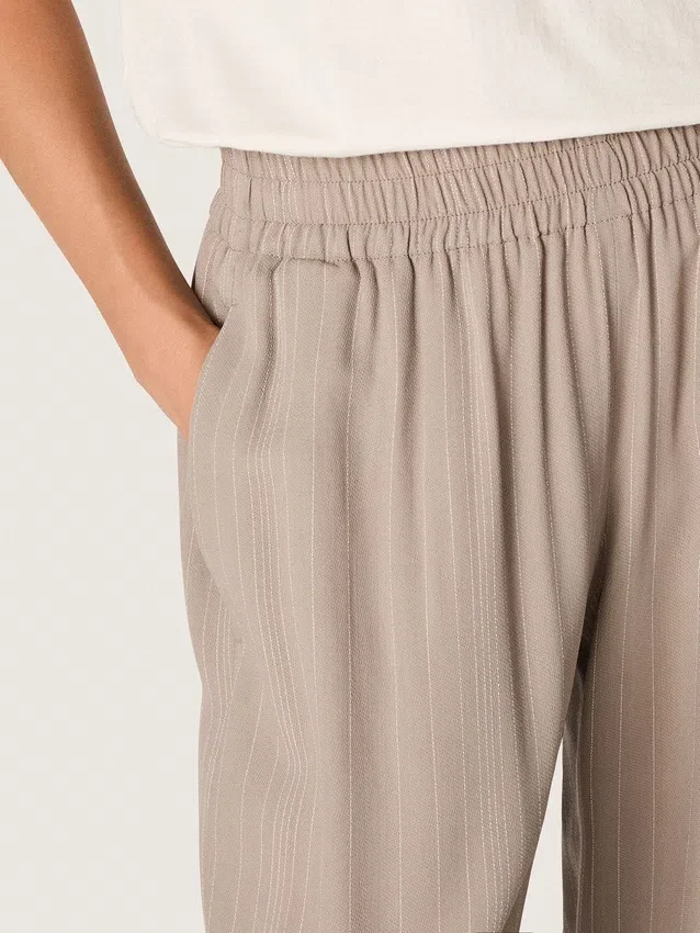 Women's pants in gray wool blend with pinstripe motif and elasticated waist