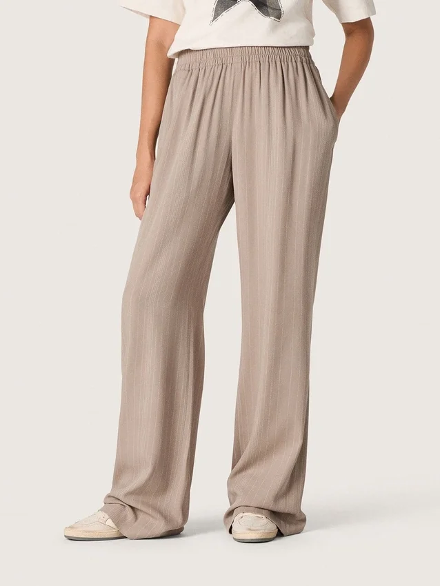Women's pants in gray wool blend with pinstripe motif and elasticated waist