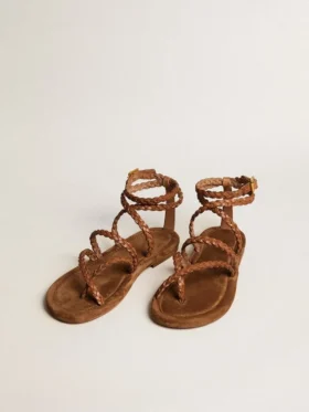 Women’s Penelope flat sandals in tobacco leather with suede sole