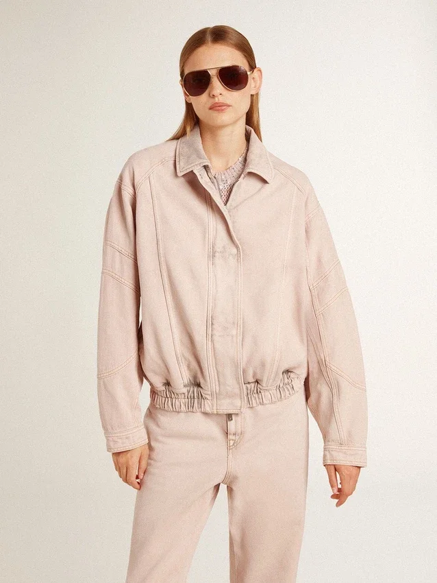 Women's pink dyed denim bomber jacket