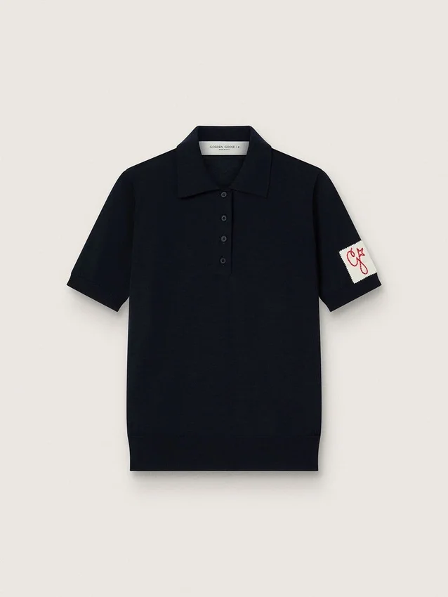 Women’s polo shirt in navy-blue merino wool