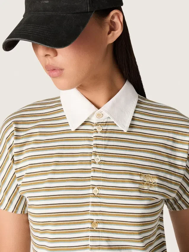 Women's polo T-shirt in striped jersey with contrast collar