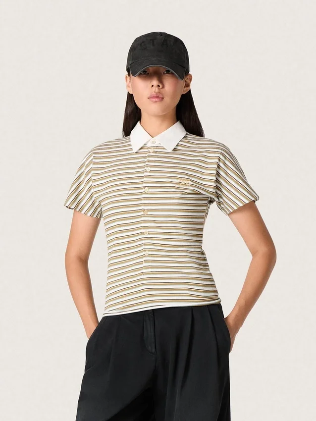 Women's polo T-shirt in striped jersey with contrast collar