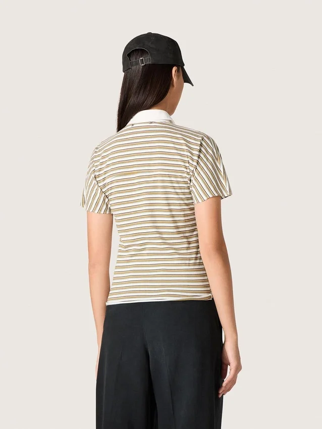 Women's polo T-shirt in striped jersey with contrast collar