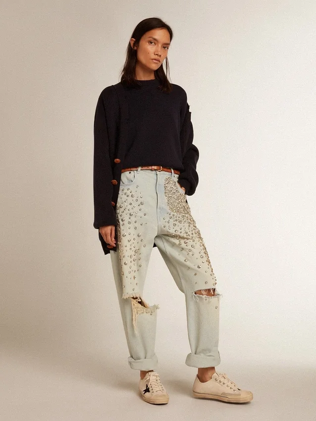 Women’s round-neck sweater in dark blue cotton