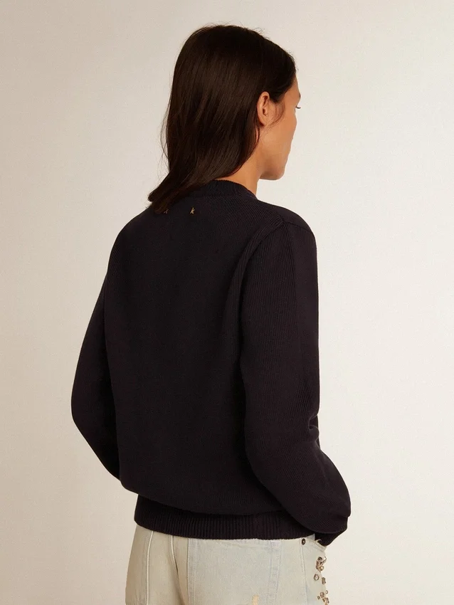 Women’s round-neck sweater in dark blue cotton