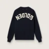 Women’s round-neck sweater in dark blue cotton with logo on the back