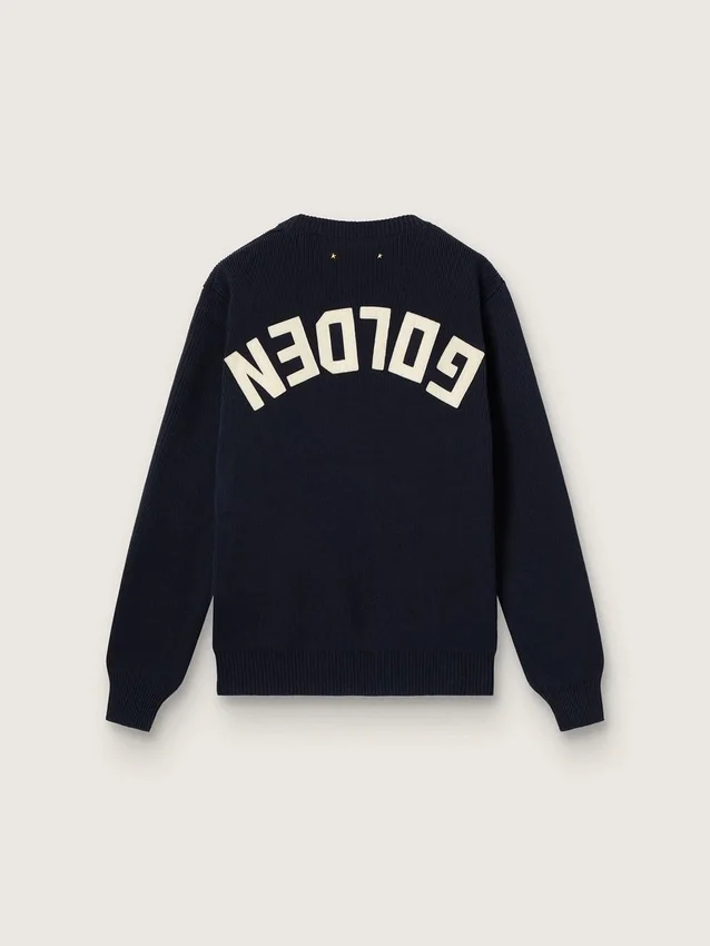 Women’s round-neck sweater in dark blue cotton with logo on the back